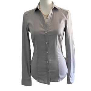 H&M COLLARED LONG SLEEVE SIZE 2 BUTTPN DOWN BLOUSE GRAY TINY WHITE DOTS